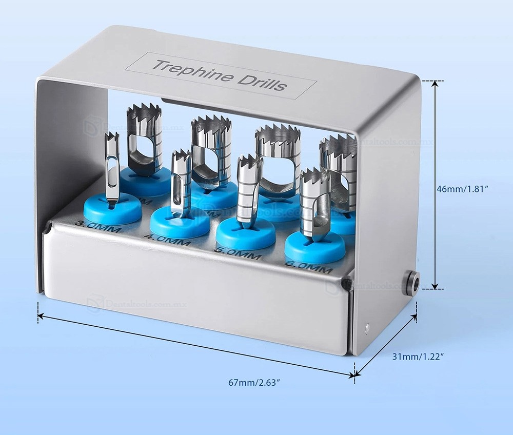 Set de 8 Piezas Kit de Trefinas para Hueso en Implantes Dentales Tipo Corto Instrumental Quir&uacute;rgico